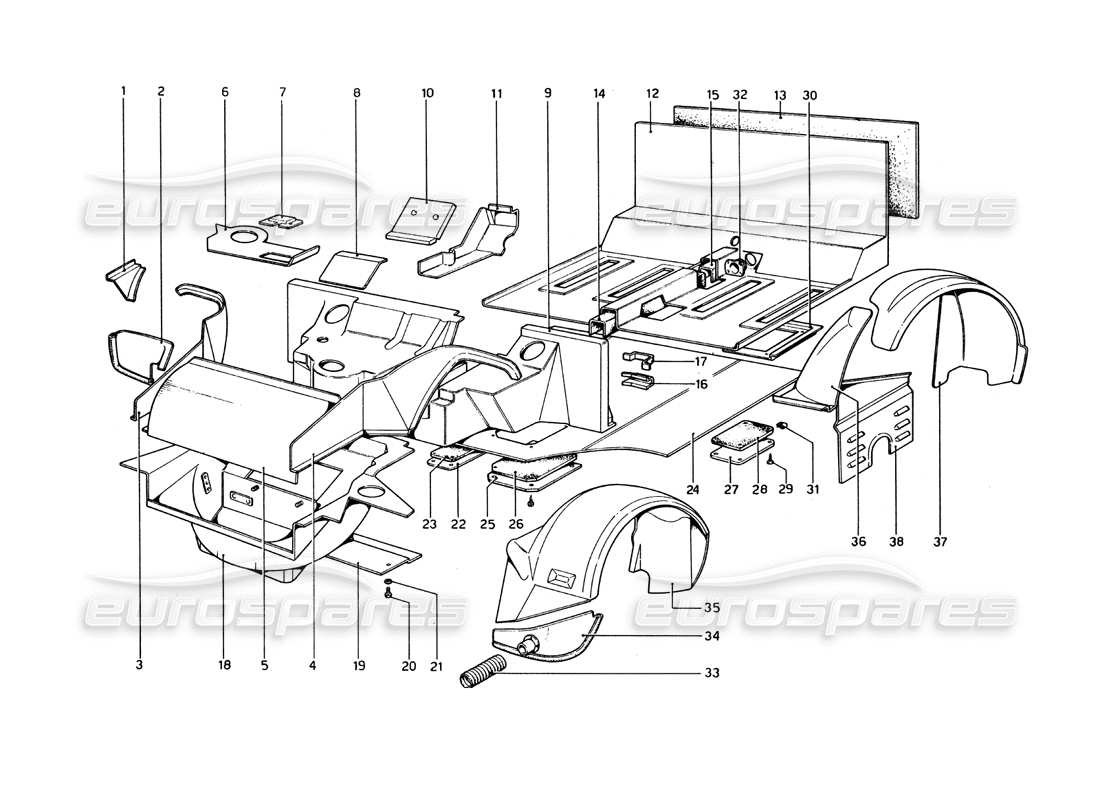 ferrari 365 gt4 berlinetta boxer scocca - diagramma delle parti degli elementi interni