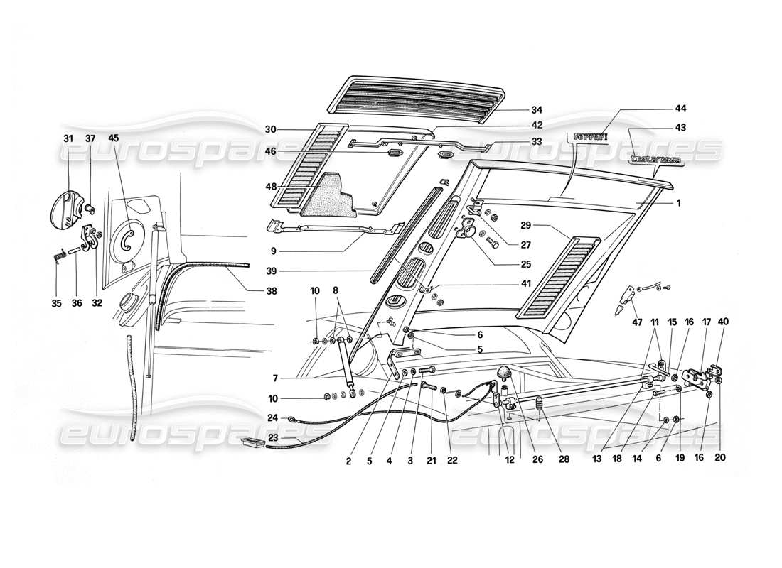 ferrari testarossa (1987) cofano posteriore diagramma delle parti