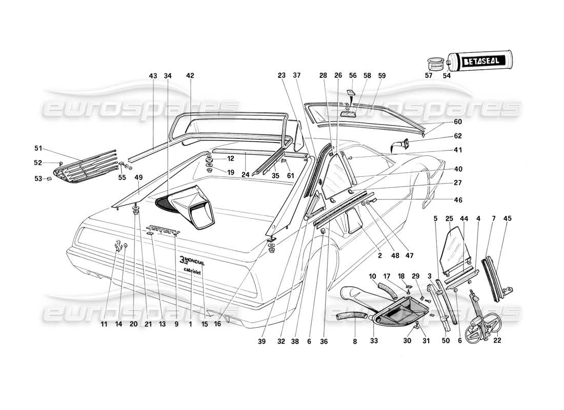 ferrari mondial 3.2 qv (1987) diagramma delle parti degli occhiali