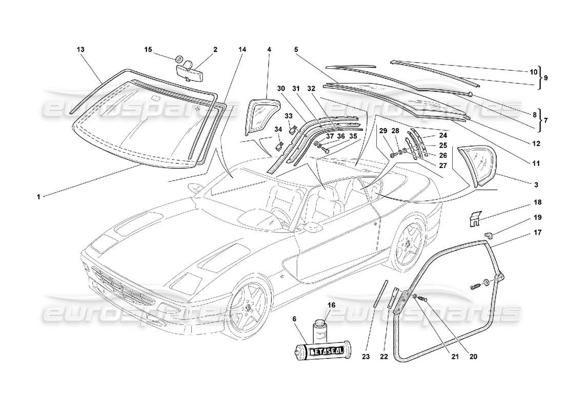 ferrari 456 gt/gta diagramma delle parti di vetri e guarnizioni