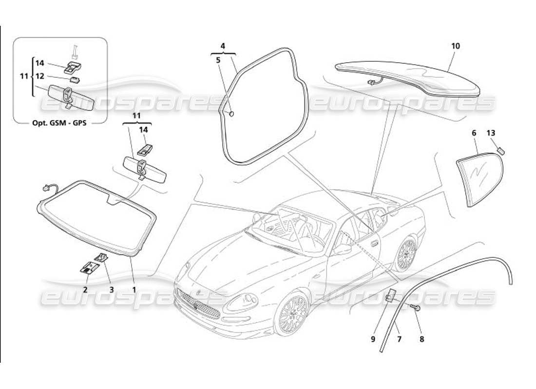 maserati 4200 gransport (2005) vetri - schema delle parti delle guarnizioni e dello specchietto retrovisore interno