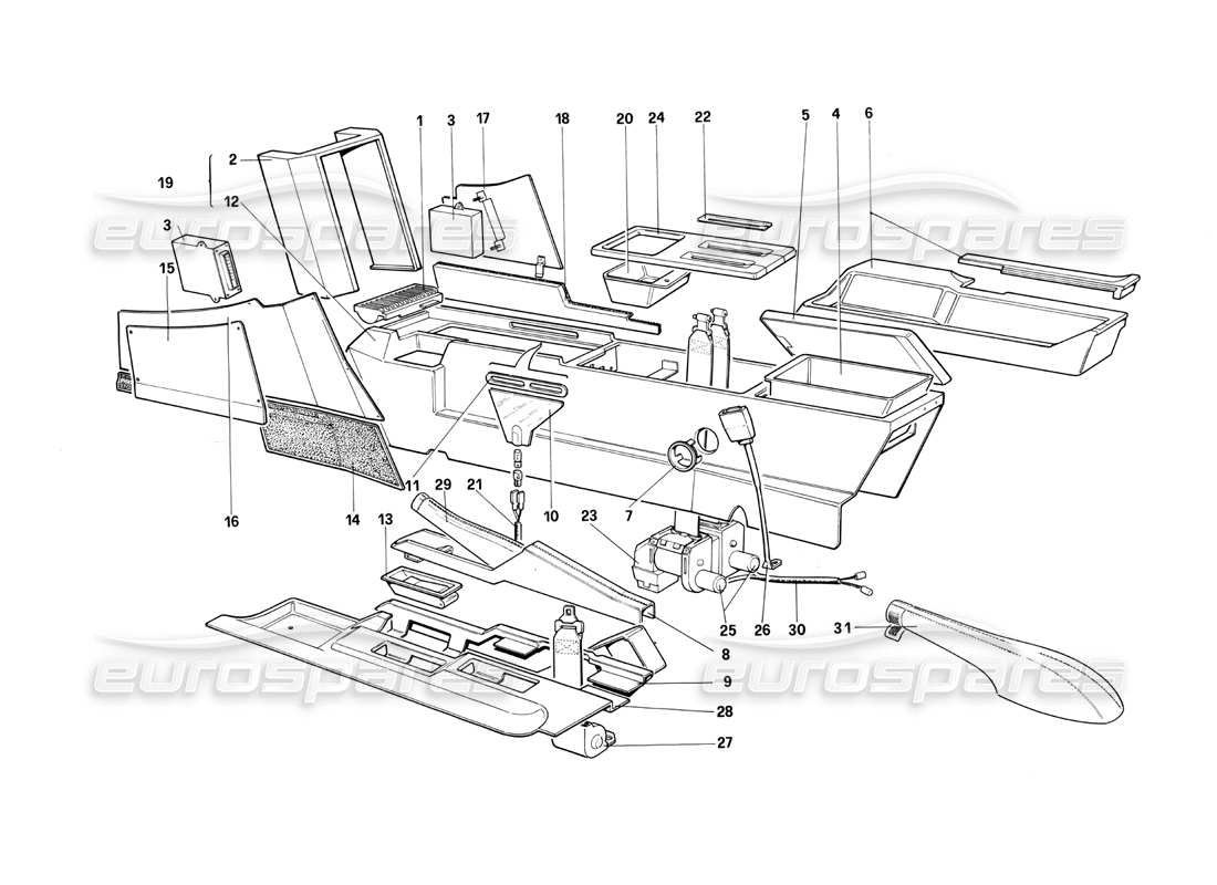 ferrari testarossa (1990) tunnel centrale (per la versione usa) diagramma delle parti