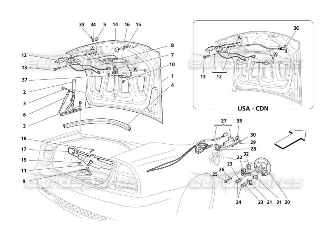 maserati 4200 spyder (2005) cofano del cofano del bagagliaio e porta del gas diagramma delle parti
