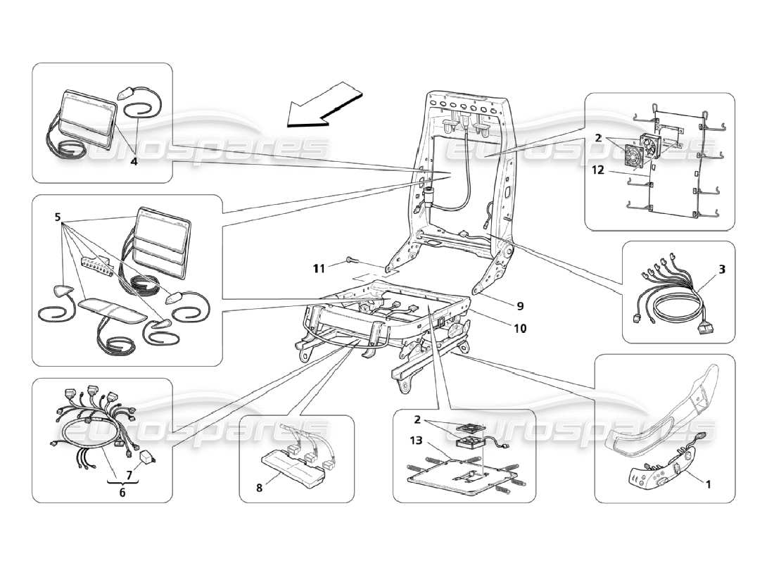 maserati qtp. (2006) 4.2 sedili anteriori: diagramma delle parti di meccanica ed elettronica