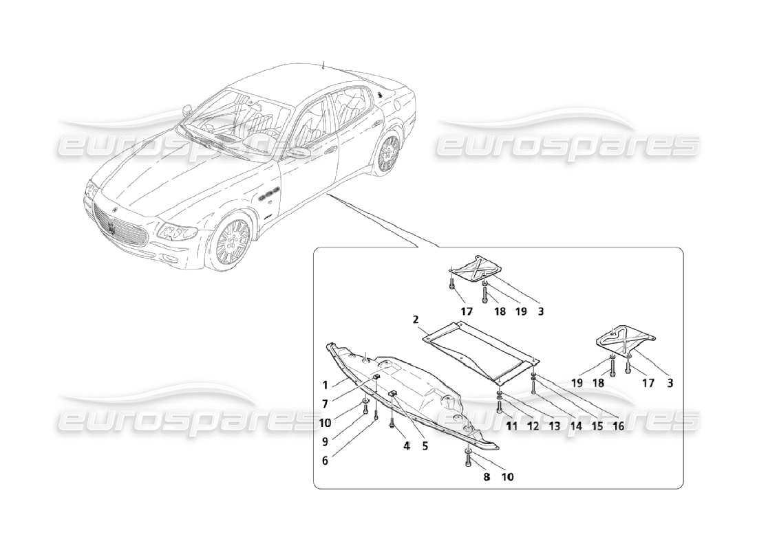 maserati qtp. (2006) 4.2 schema delle parti del pianale piatto e della protezione del sottoscocca