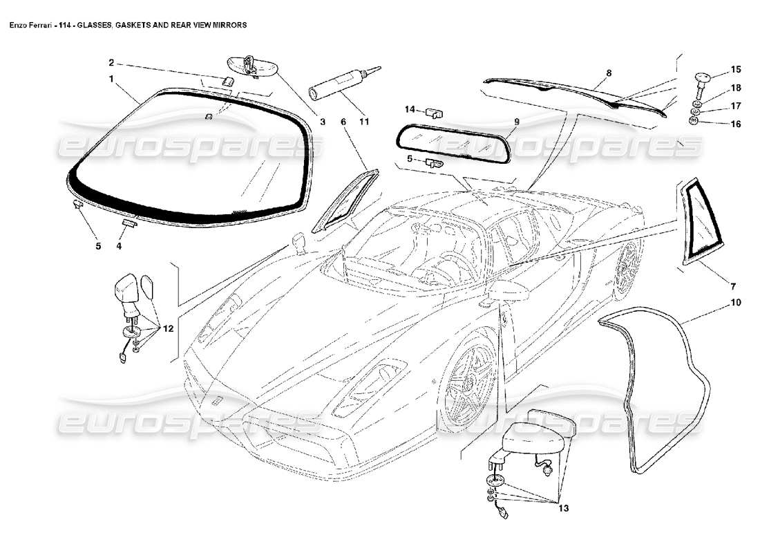 ferrari enzo schema delle parti di vetri, guarnizioni e specchietti retrovisori