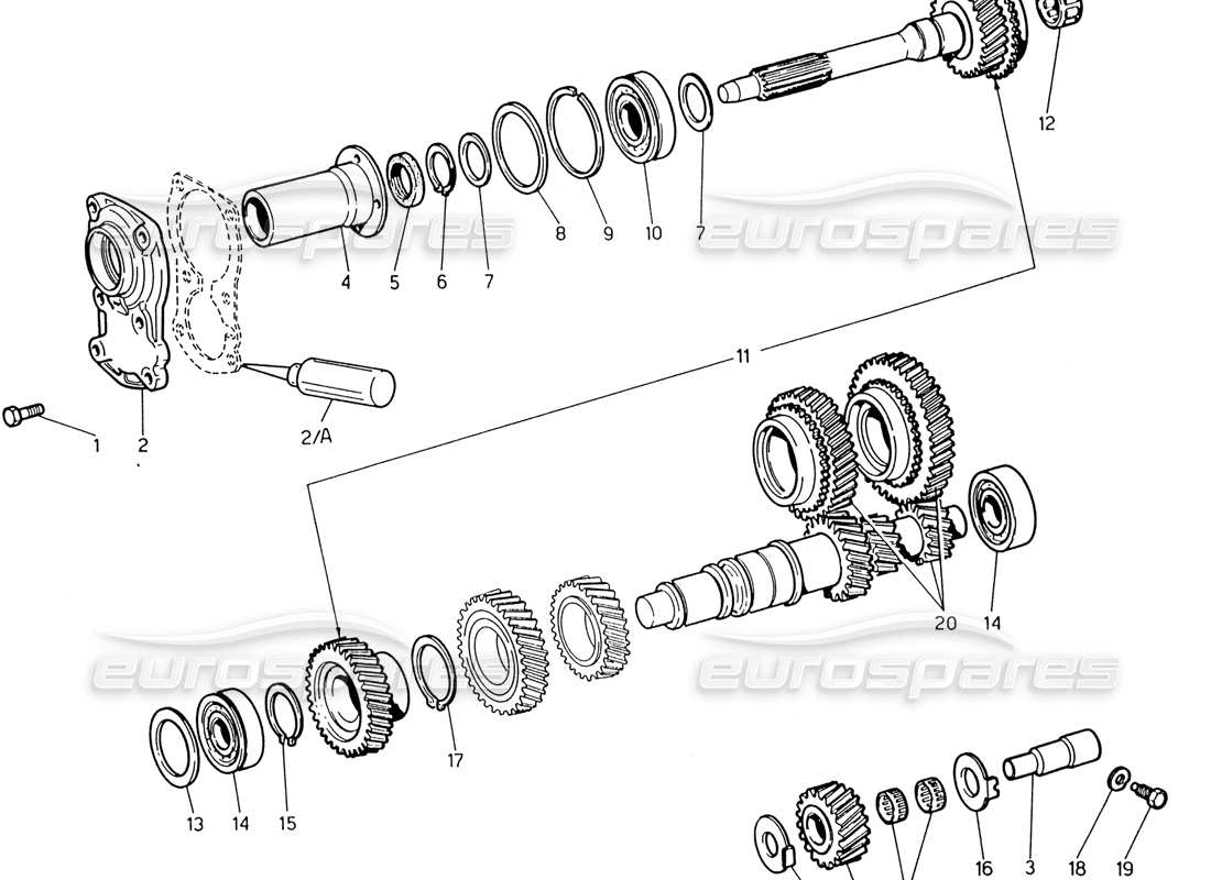 maserati 222 / 222e biturbo trasmissione: diagramma delle parti dell'albero di rinvio e della trasmissione diretta
