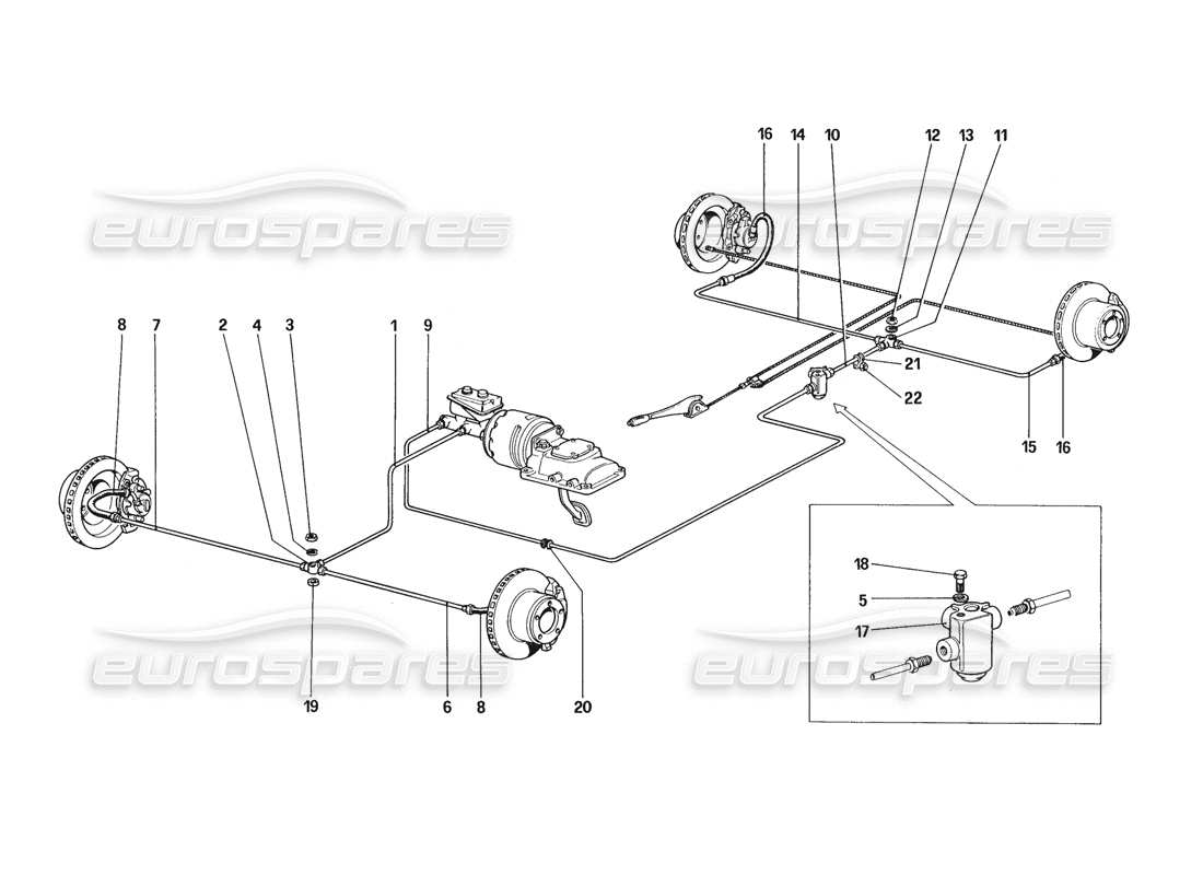 ferrari 328 (1988) schema delle parti del sistema frenante (per auto senza sistema antiscivolo).