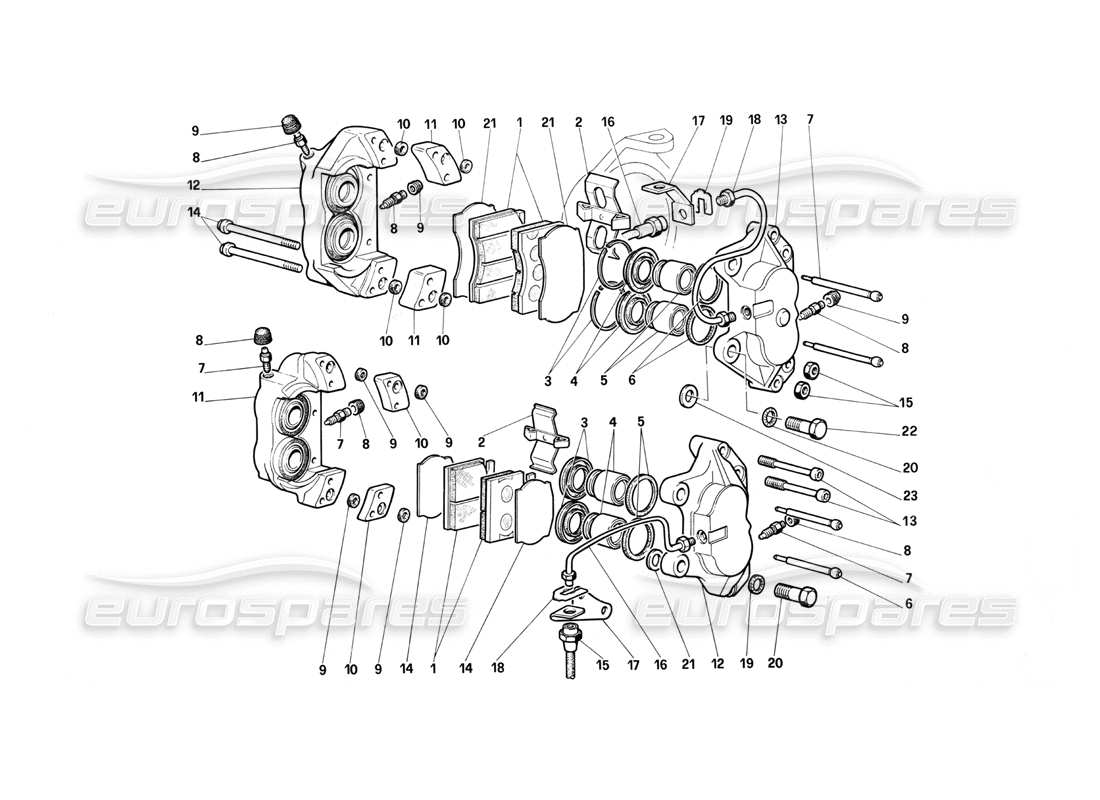 ferrari testarossa (1987) schema delle parti delle pinze dei freni anteriori e posteriori