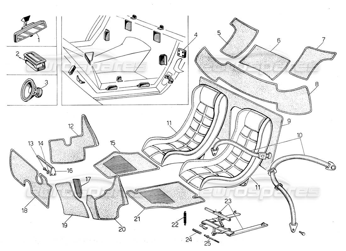 lamborghini countach lp400 sedili, accessori e finiture schema delle parti