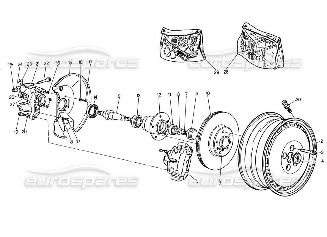 maserati 222 / 222e biturbo ruote, mozzi e freni anteriori diagramma delle parti