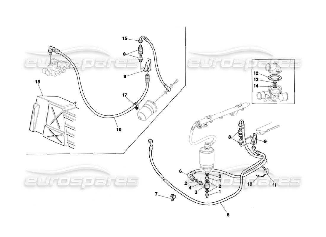 ferrari 355 challenge (1996) sistema di alimentazione del carburante: diagramma delle parti del termostato