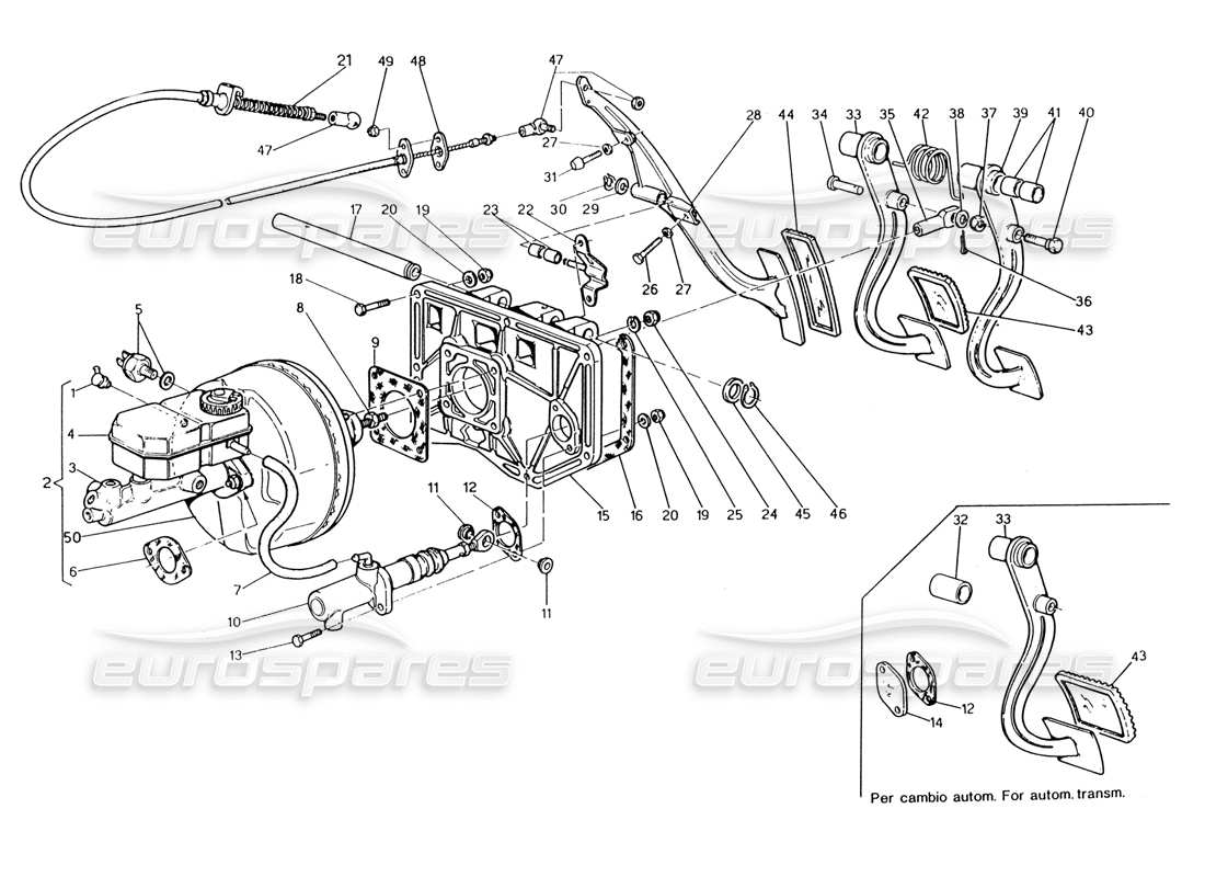 maserati 222 / 222e biturbo gruppo pedale - pompa frizione servofreno per guida a sinistra schema delle parti
