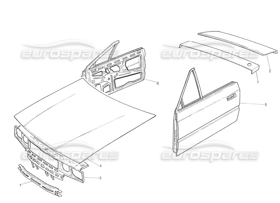 maserati biturbo spider scocca della carrozzeria: diagramma delle parti del pannello anteriore, del cofano, del pannello del tetto, delle porte e del cofano