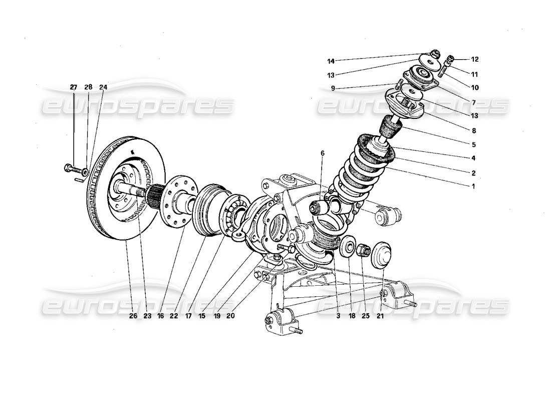 ferrari testarossa (1987) sospensione anteriore - ammortizzatore e disco freno schema delle parti