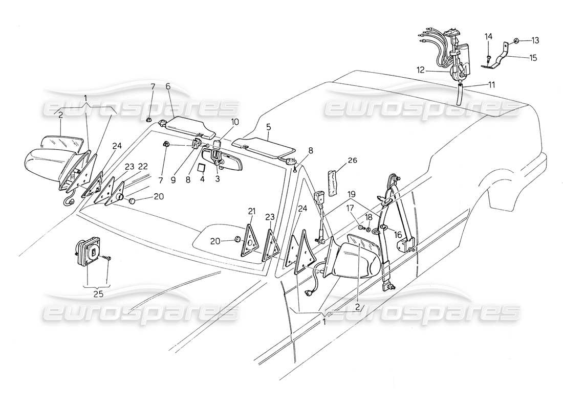 maserati biturbo spider diagramma delle parti delle cinture di sicurezza, degli specchietti e dell'aletta parasole