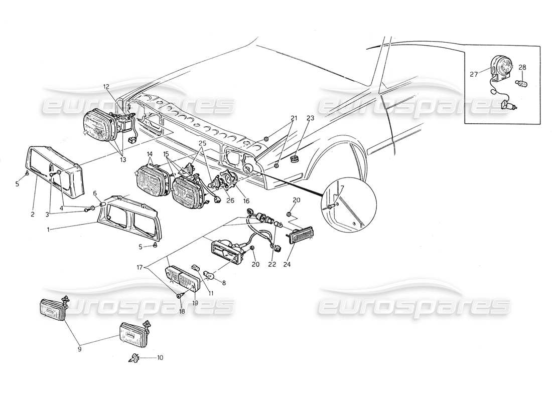 maserati biturbo spider diagramma delle parti delle luci anteriori