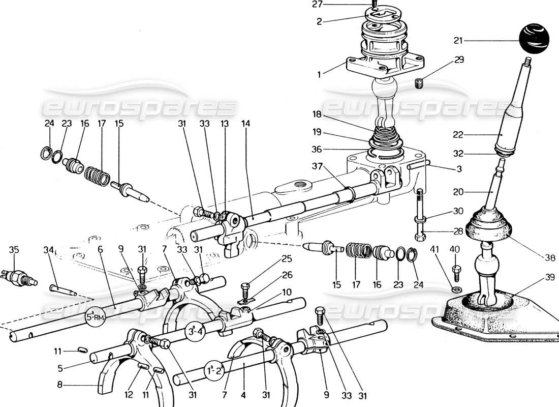 ferrari 365 gt4 2+2 (1973) diagramma delle parti dei controlli interni ed esterni del cambio