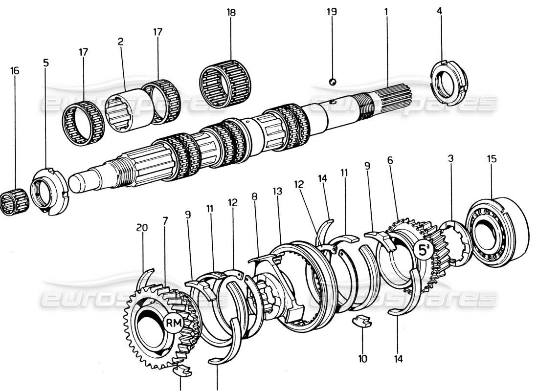 ferrari 365 gt4 2+2 (1973) diagramma delle parti degli ingranaggi dell'albero di rinvio (estremità posteriore).