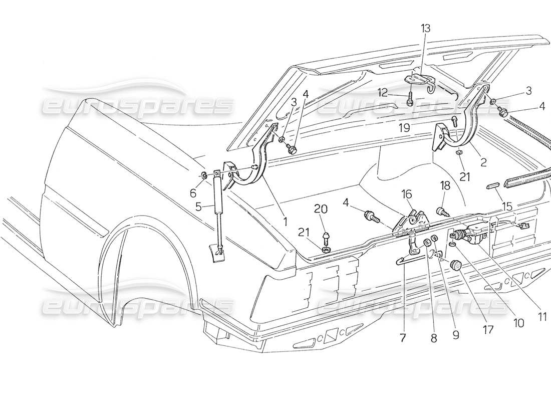 maserati biturbo spider coperchio del bagagliaio: cerniere, diagramma delle parti di rilascio del coperchio del bagagliaio