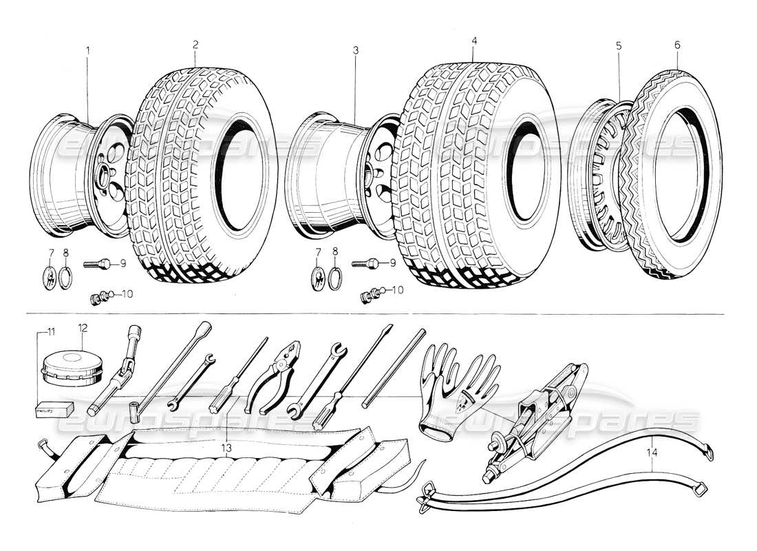lamborghini countach 5000 qvi (1989) kit di attrezzi, diagramma delle parti di pneumatici e cerchioni
