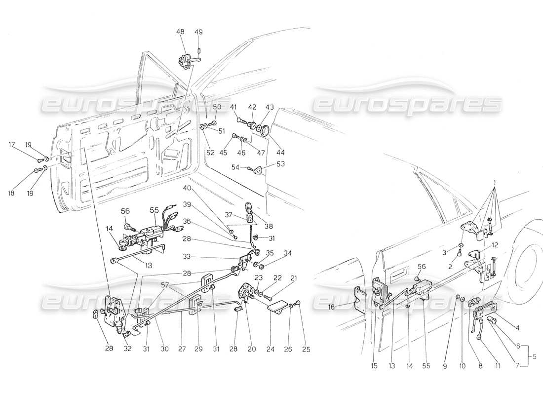 maserati biturbo spider porte: schema delle parti di cerniere e controlli interni