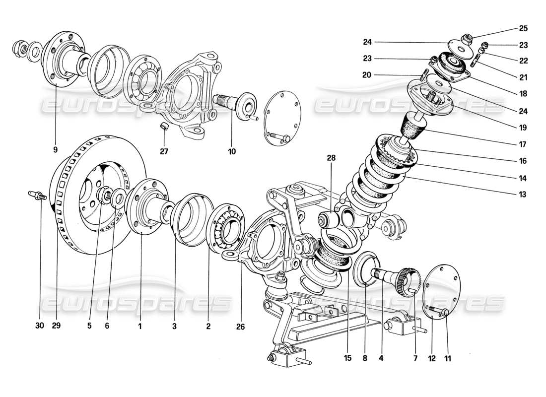 ferrari 328 (1988) sospensione anteriore - ammortizzatore e disco freno (a partire dall'auto n. 76626) schema delle parti