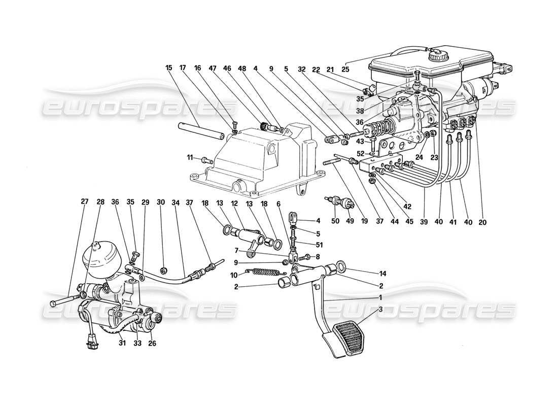 ferrari 328 (1988) schema delle parti dell'impianto idraulico della frizione (per auto con sistema antiscivolo).