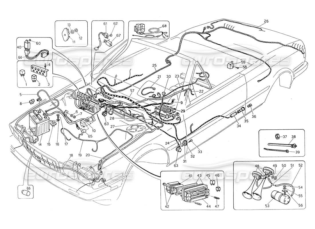 maserati biturbo spider schema delle parti del cablaggio e dei componenti elettrici (sterzo destro).