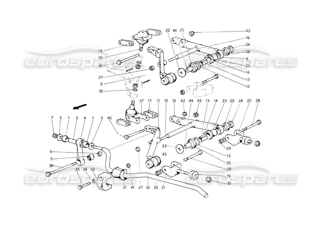 ferrari 512 bb sospensioni anteriori. diagramma delle parti dei bracci trasversali