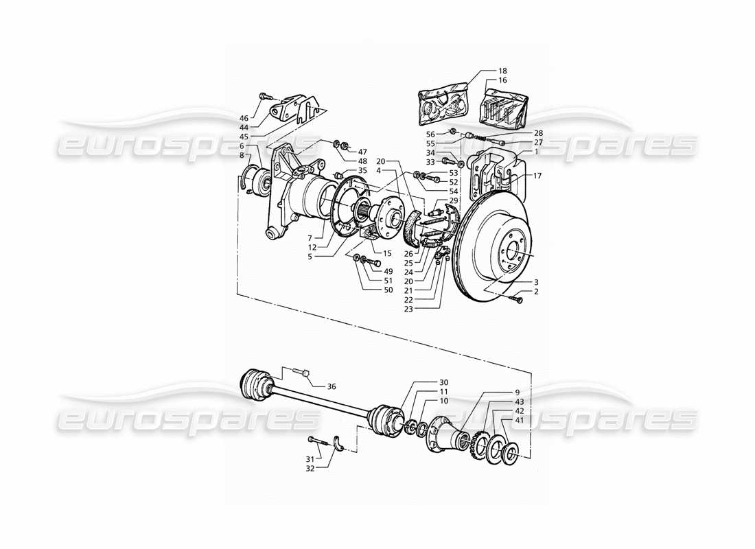 maserati qtp. 3.2 v8 (1999) mozzi, freni posteriori con abs e alberi di trasmissione diagramma delle parti