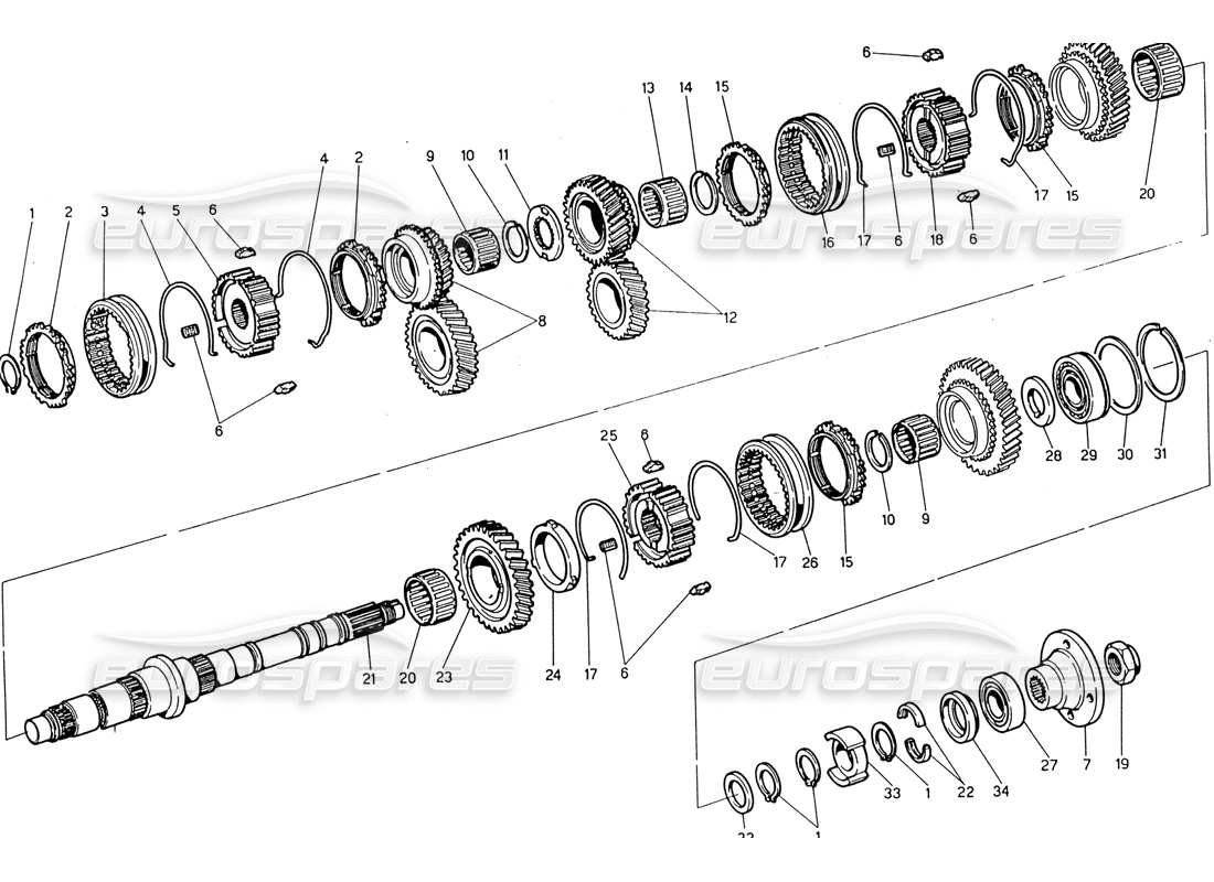 maserati 222 / 222e biturbo trasmissione - albero principale diagramma delle parti