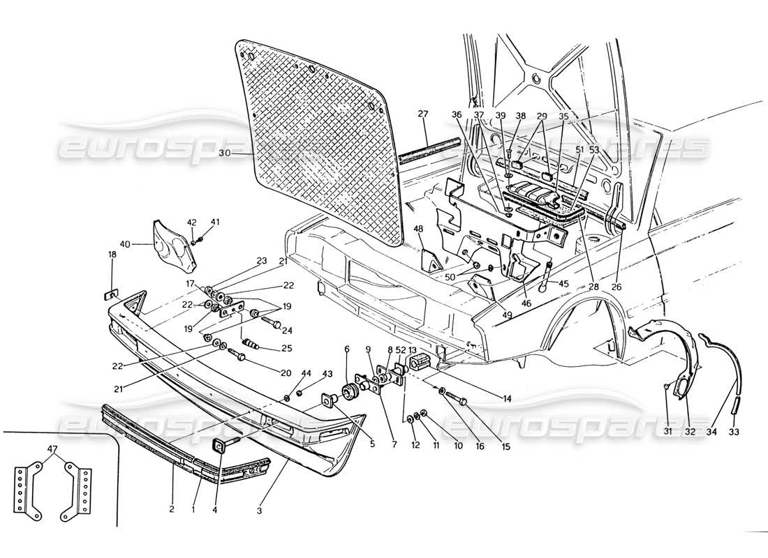 maserati 222 / 222e biturbo diagramma delle parti del paraurti anteriore e dei feltri insonorizzati
