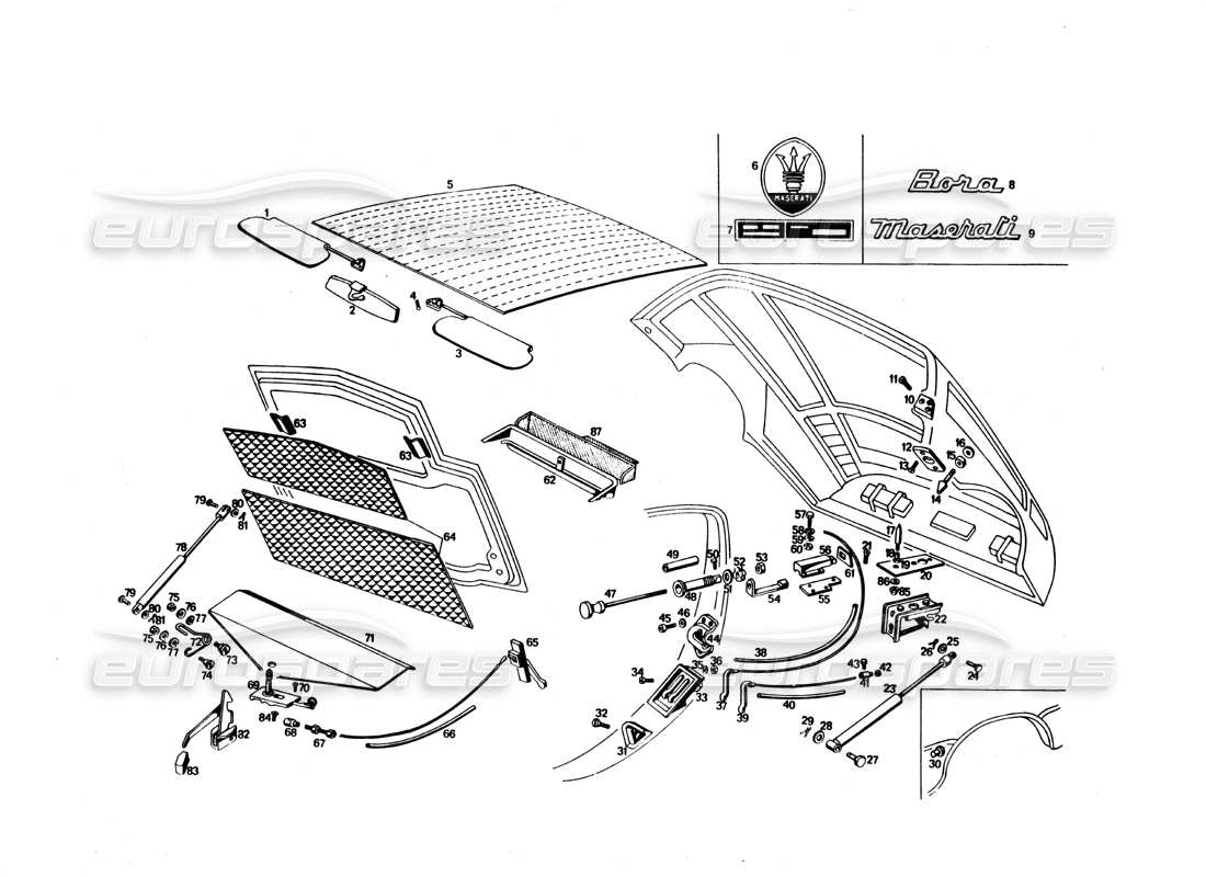 maserati bora diagramma delle parti del vano motore e bagagliaio