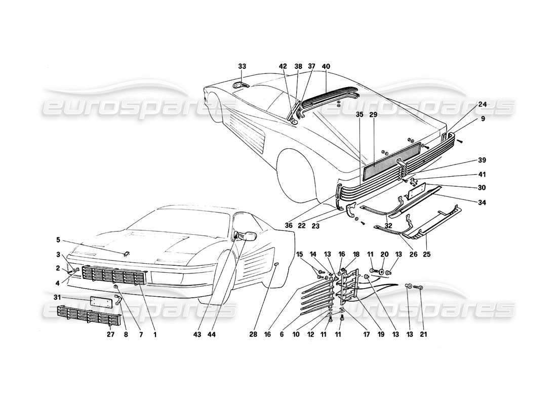 ferrari testarossa (1987) diagramma della parte di finitura esterna