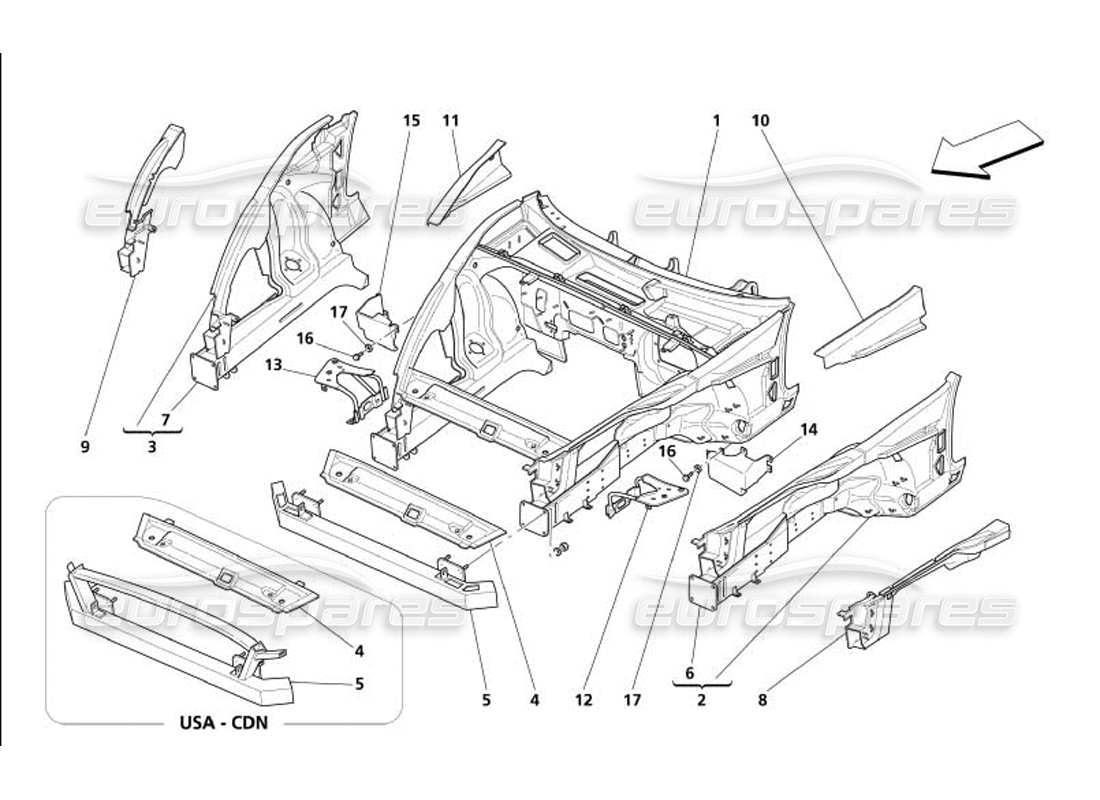 maserati 4200 gransport (2005) diagramma delle parti della struttura anteriore