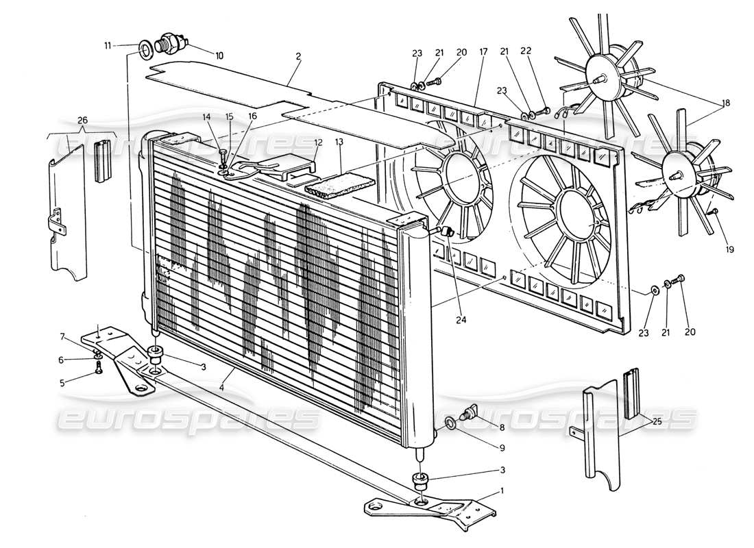 maserati 222 / 222e biturbo diagramma delle parti del radiatore e delle ventole di raffreddamento