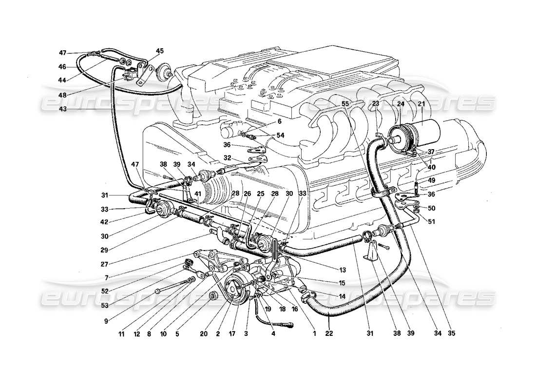 ferrari testarossa (1987) diagramma delle parti della pompa dell'aria secondaria e delle linee (per la versione usa).