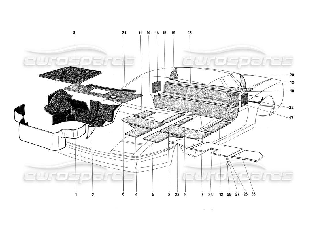 ferrari testarossa (1987) moquette e pannelli isolanti del vano bagagli diagramma delle parti