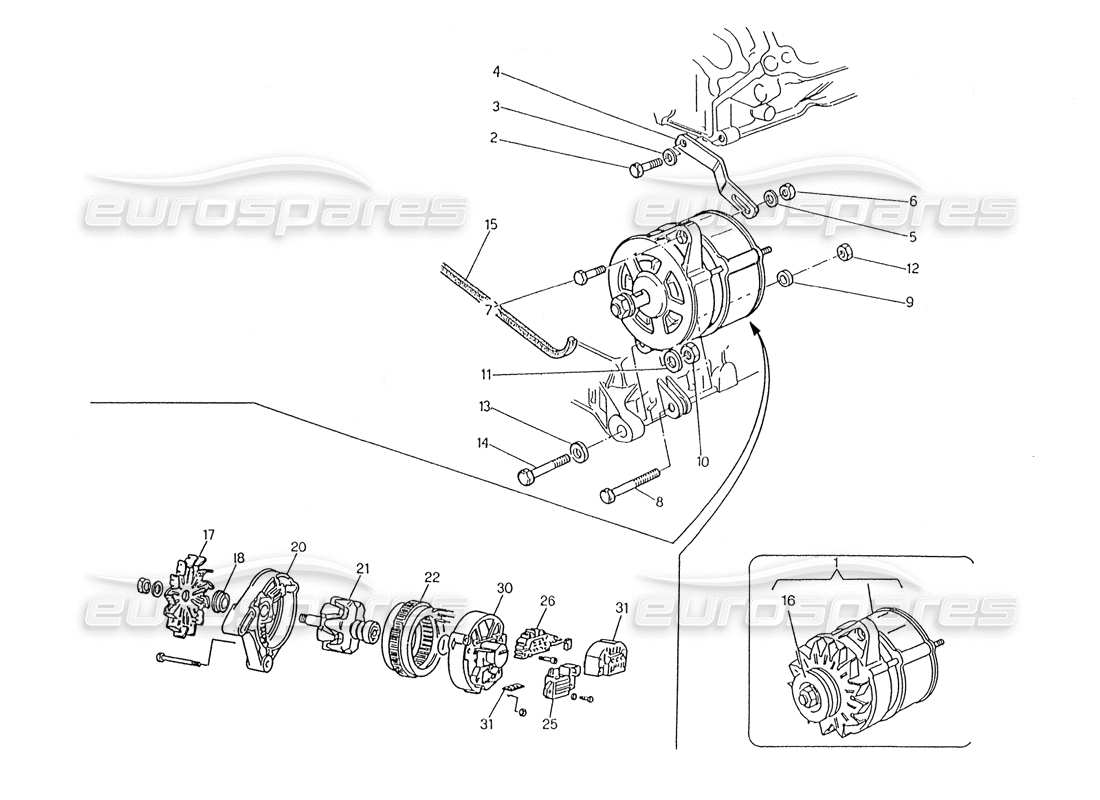 maserati karif 2.8 diagramma delle parti dell'alternatore e della staffa
