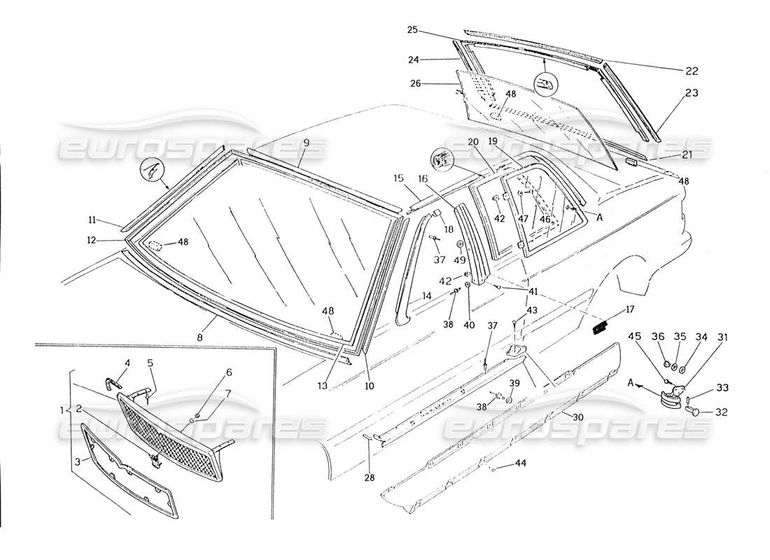 maserati karif 2.8 schema delle parti della griglia del radiatore, delle finiture e dei vetri fissi