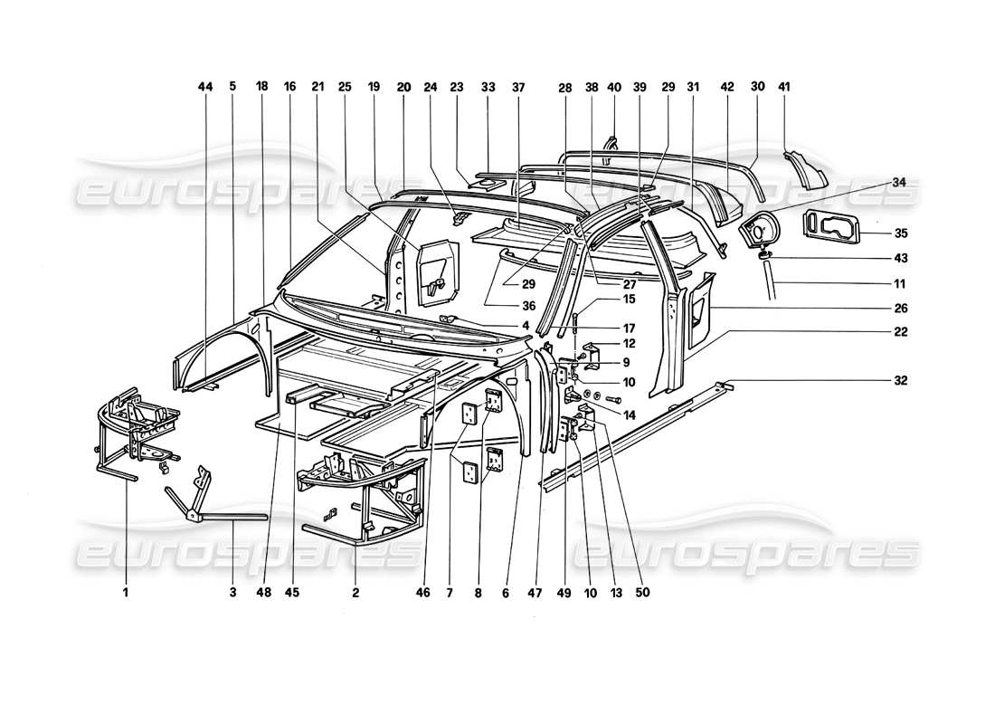 ferrari testarossa (1990) corpo - componenti interni diagramma delle parti