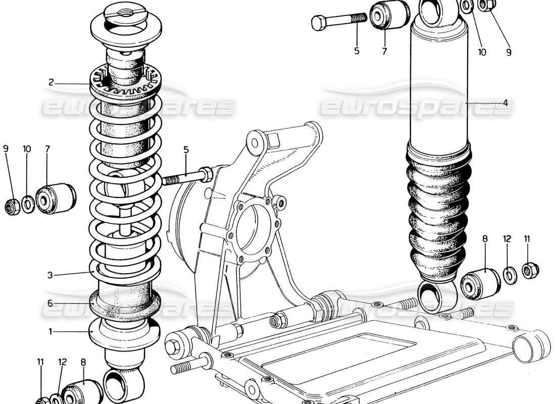 ferrari 365 gt4 2+2 (1973) sospensione posteriore: schema delle parti dell'ammortizzatore e dell'unità autolivellante