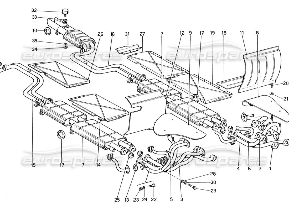 ferrari 365 gt4 2+2 (1973) schema delle parti del collettore di scarico e delle tubazioni
