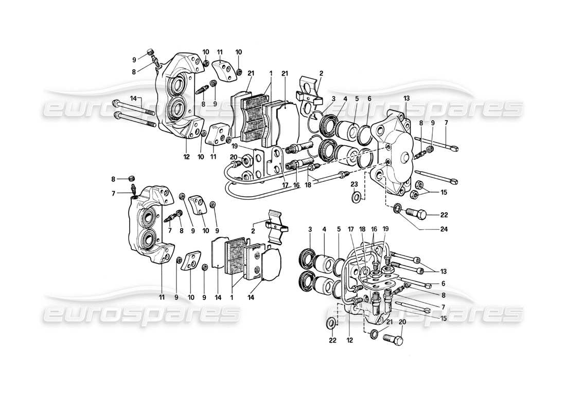 ferrari 400i (1983 mechanical) schema delle parti delle pinze dei freni anteriori e posteriori