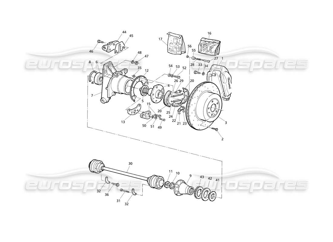 maserati qtp v6 evoluzione mozzi, freni posteriori con abs e alberi di trasmissione diagramma delle parti