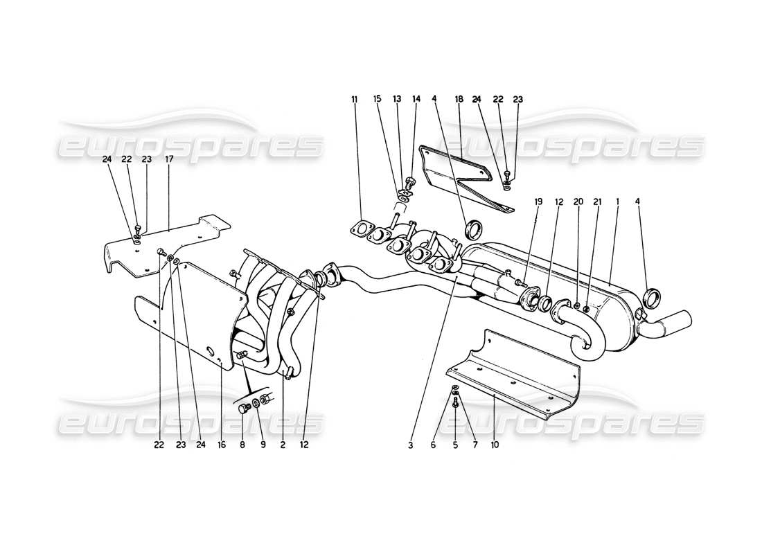 ferrari 208 gt4 dino (1975) diagramma delle parti del sistema di scarico