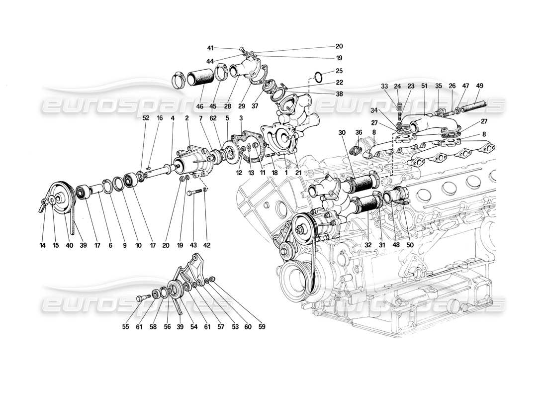 ferrari mondial 3.0 qv (1984) pompa dell'acqua e tubazioni diagramma delle parti