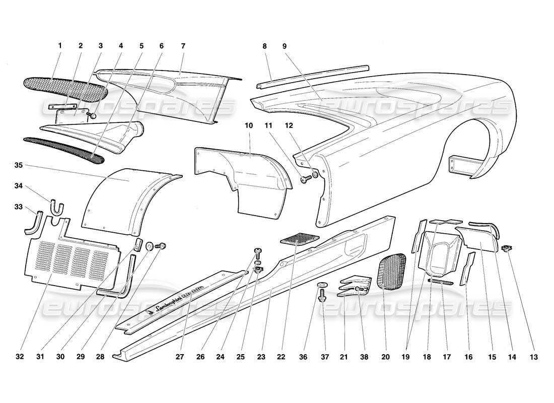 lamborghini diablo vt (1994) elementi del corpo: fianco sinistro diagramma delle parti