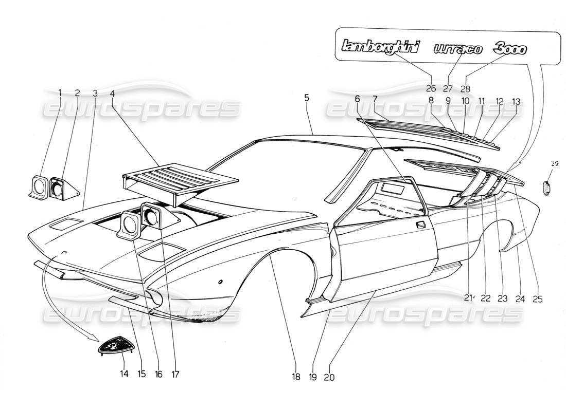 lamborghini urraco p300 diagramma delle parti del rivestimento esterno